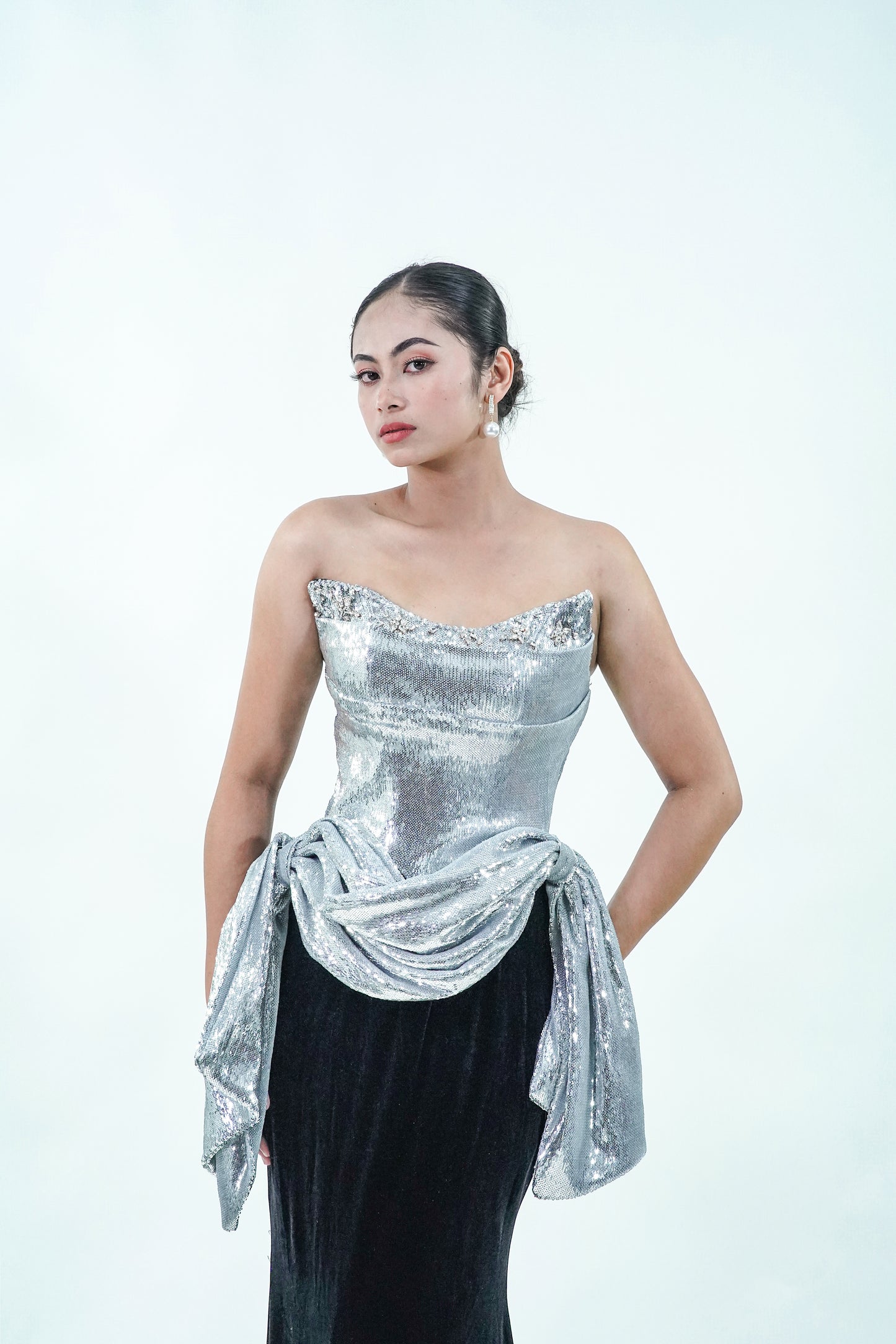 Tube Top Black Silver Velvet Evening Gown - Noelle West Bridals