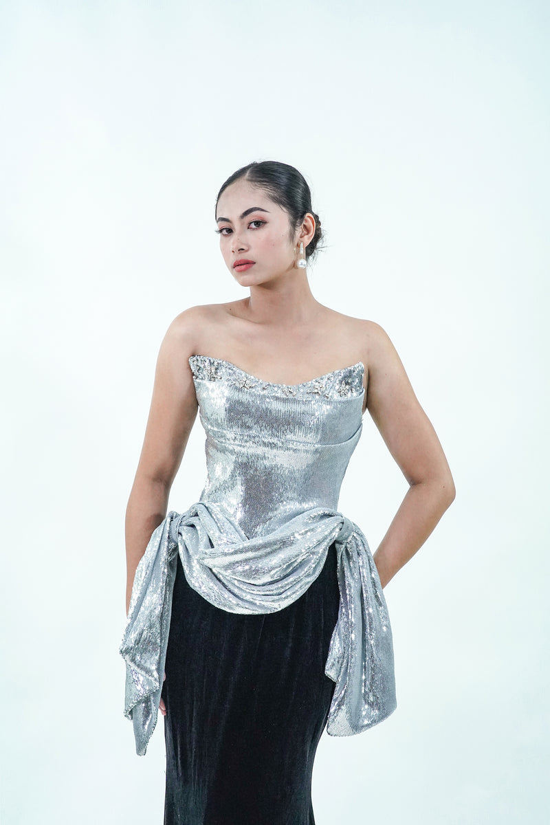 Tube Top Black Silver Velvet Evening Gown - Noelle West Bridals