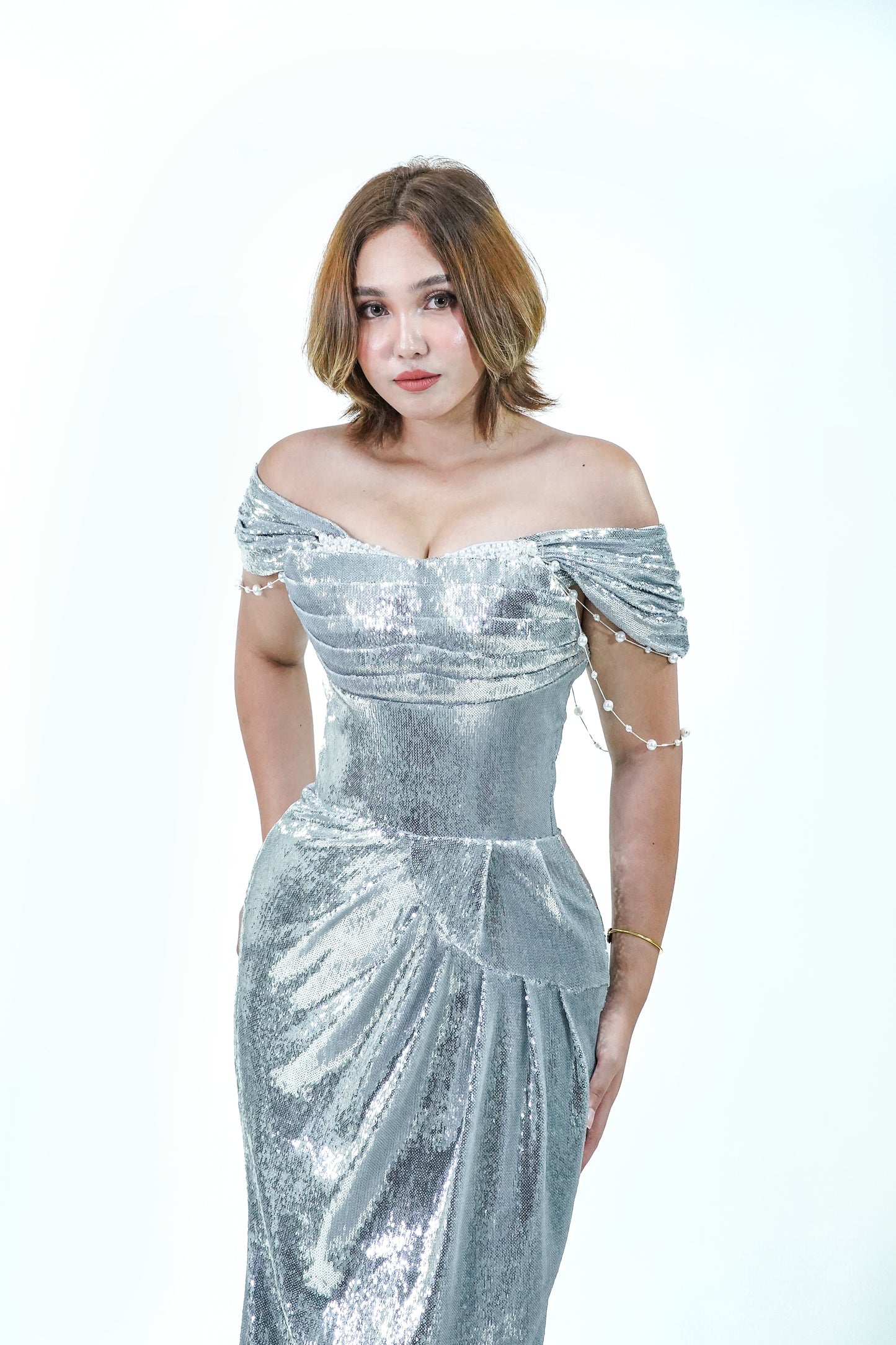 Off-Shoulder Silver Metallic Evening Gown - Noelle West Bridals