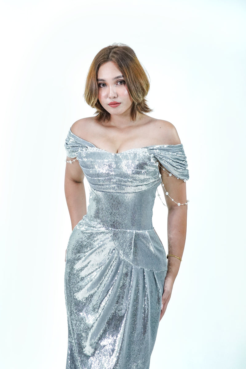 Off-Shoulder Silver Metallic Evening Gown - Noelle West Bridals