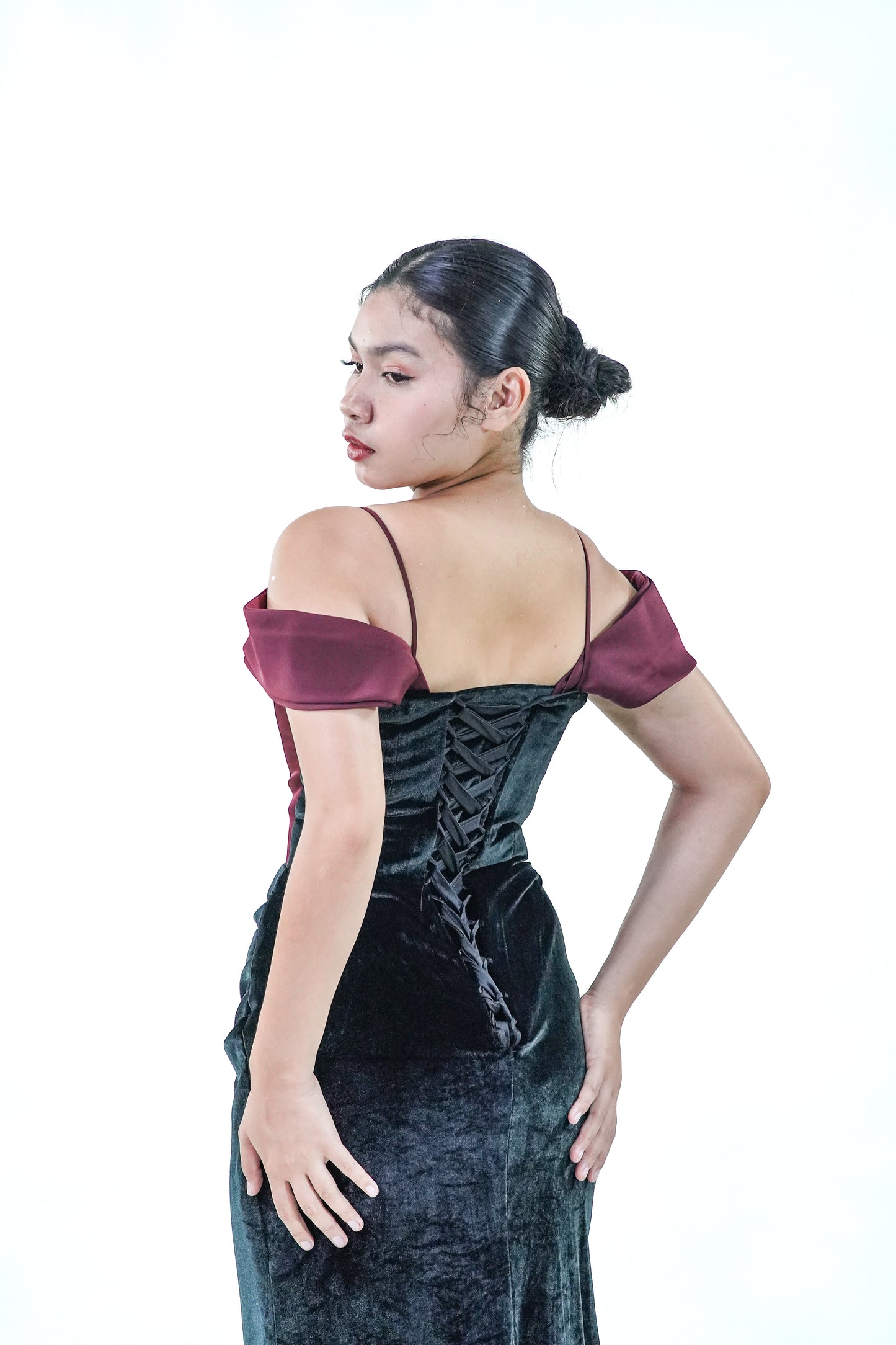 Velvet Maroon Black Evening Gown - Noelle West Bridals