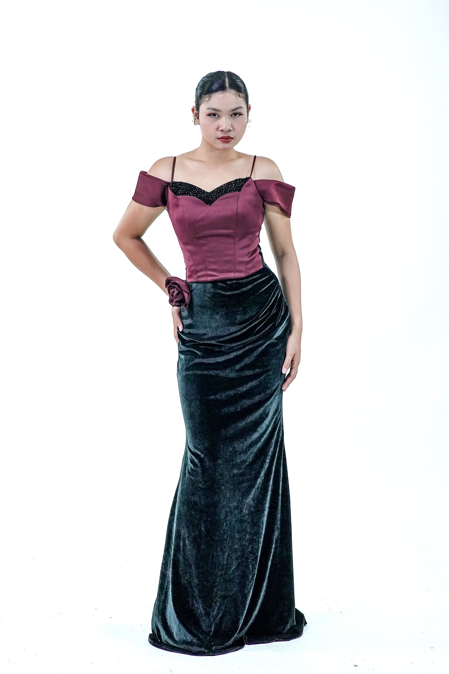 Velvet Maroon Black Evening Gown - Noelle West Bridals