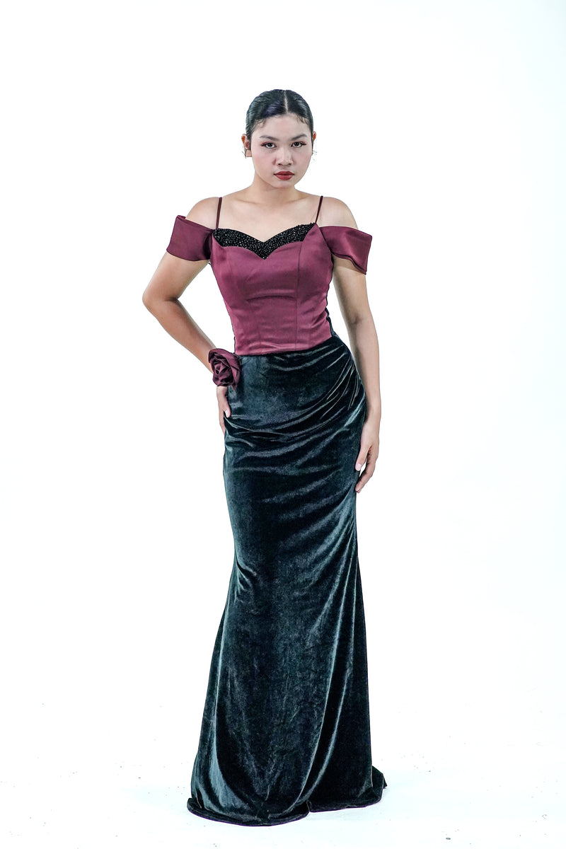 Velvet Maroon Black Evening Gown - Noelle West Bridals