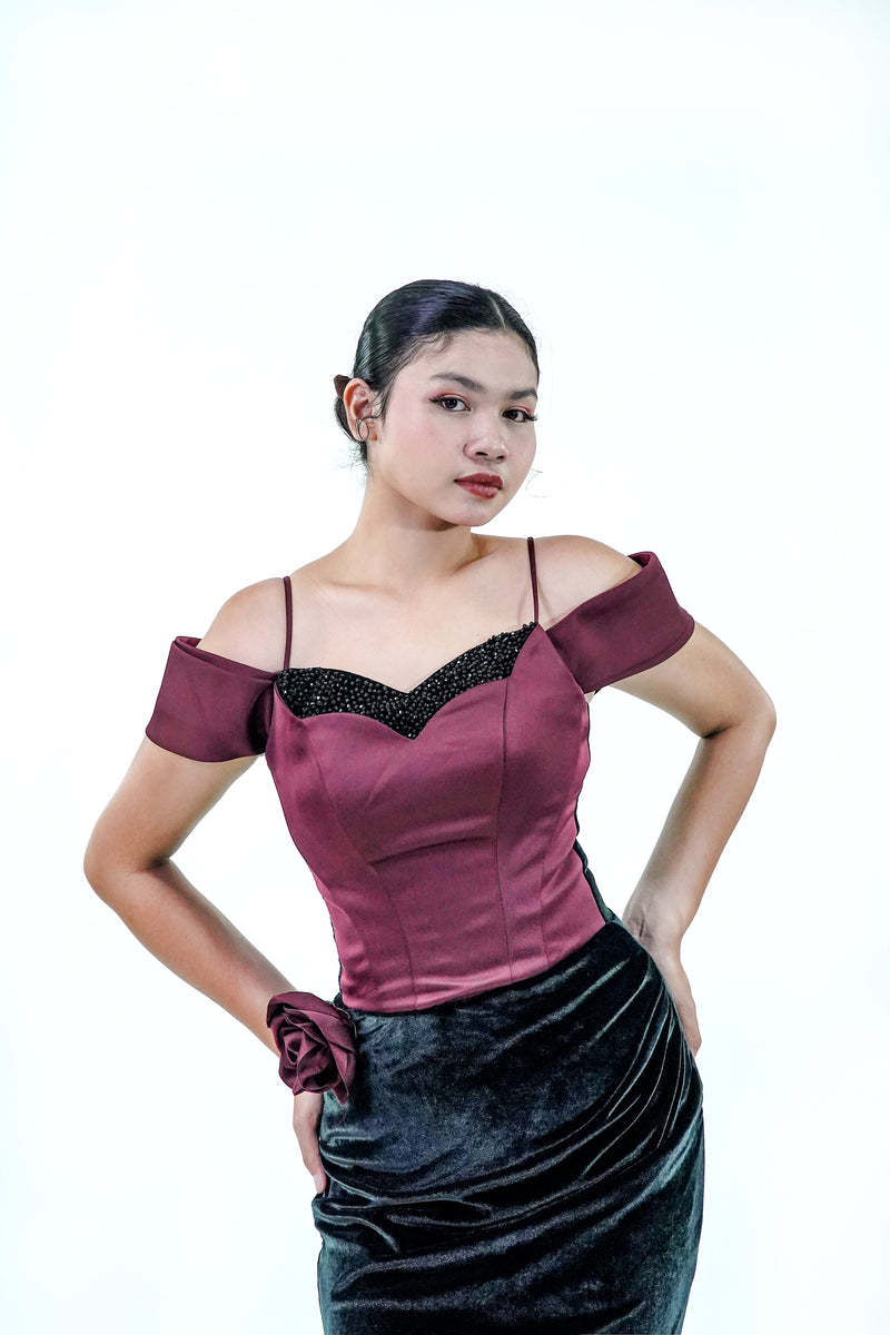 Velvet Maroon Black Evening Gown - Noelle West Bridals