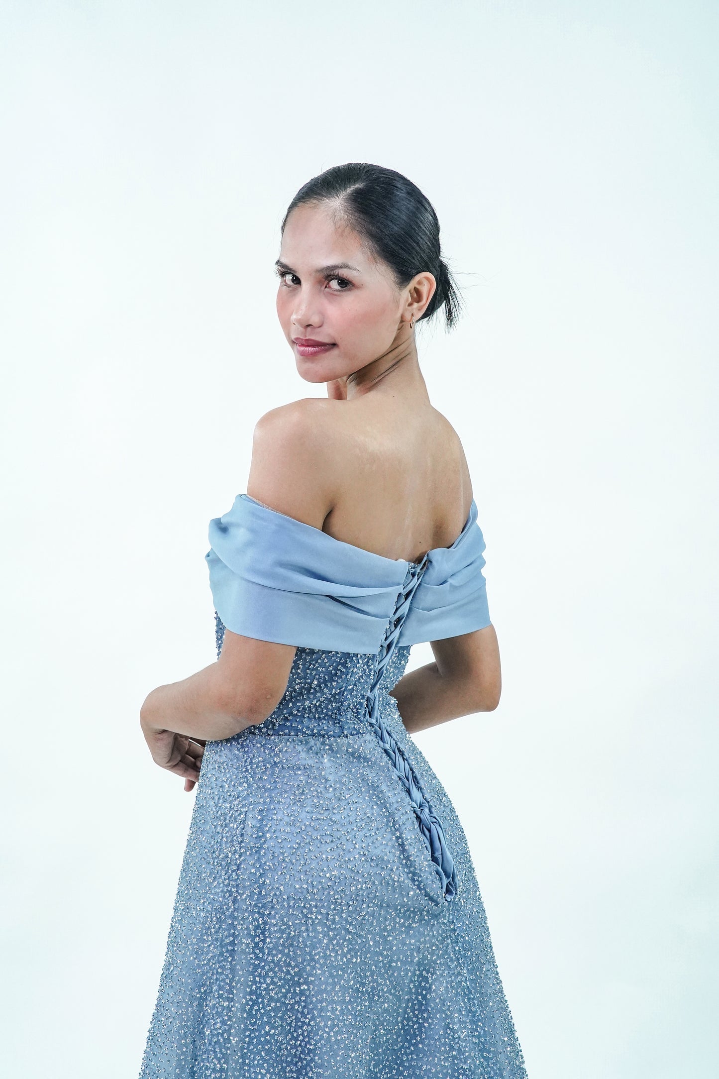 Off-Shoulder Ocean Blue Evening Gown - Noelle West Bridals