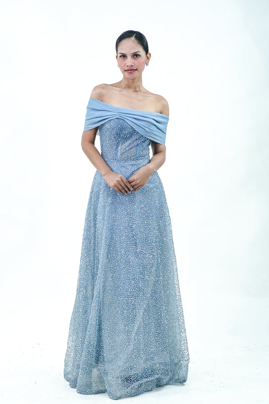Off-Shoulder Ocean Blue Evening Gown - Noelle West Bridals