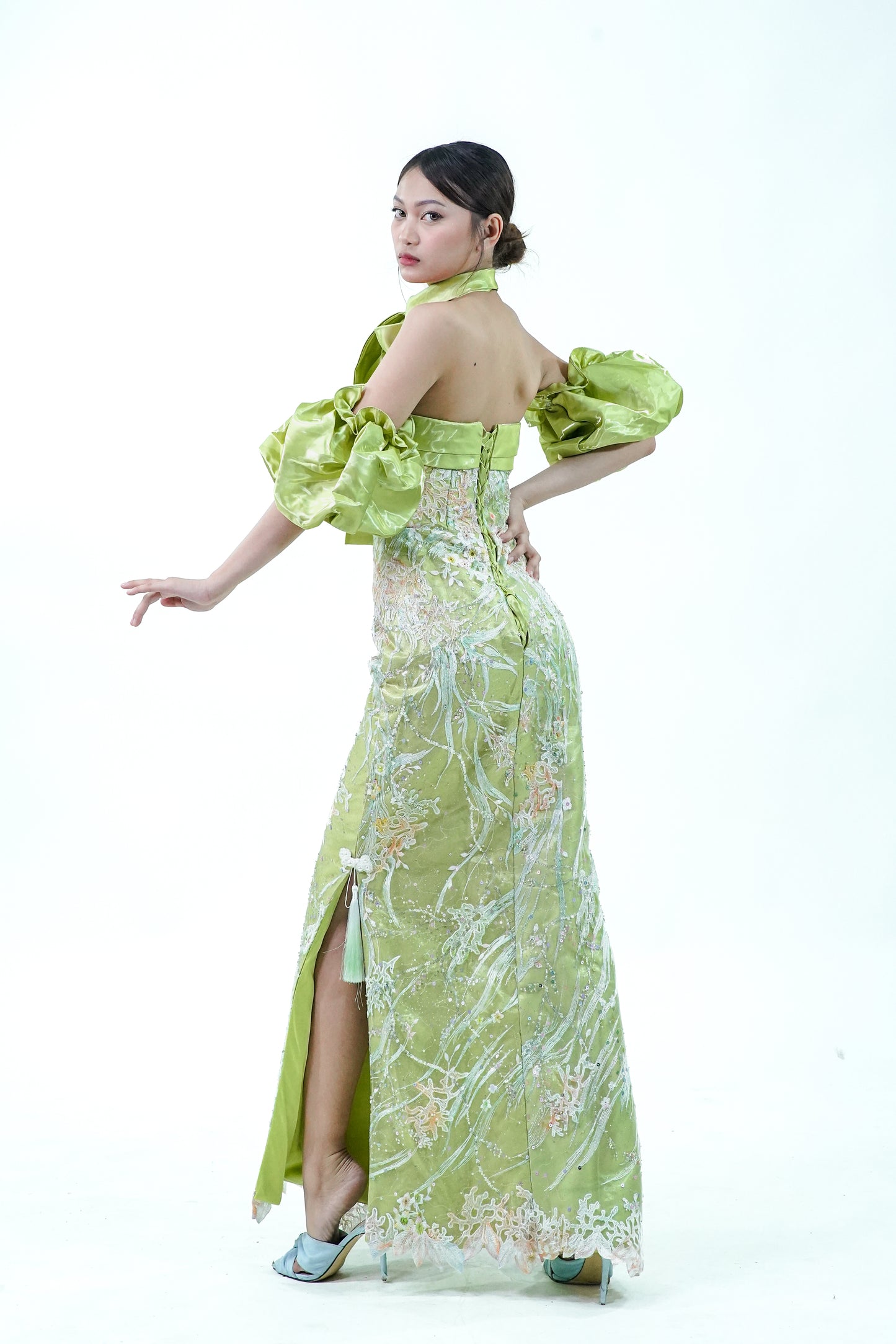 Printed Green Puffed Sleeve Green Evening Gown - Noelle West Bridals