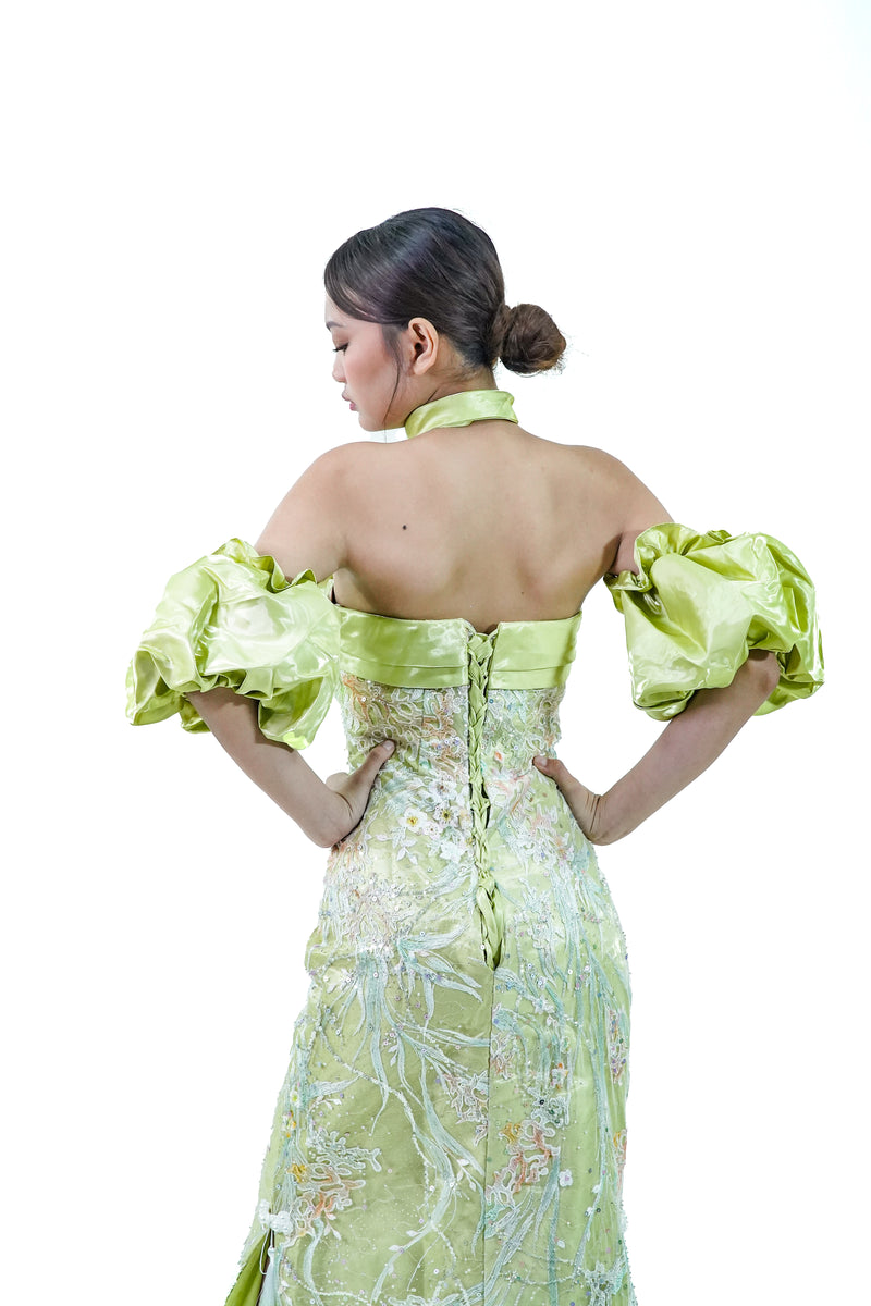 Printed Green Puffed Sleeve Green Evening Gown - Noelle West Bridals