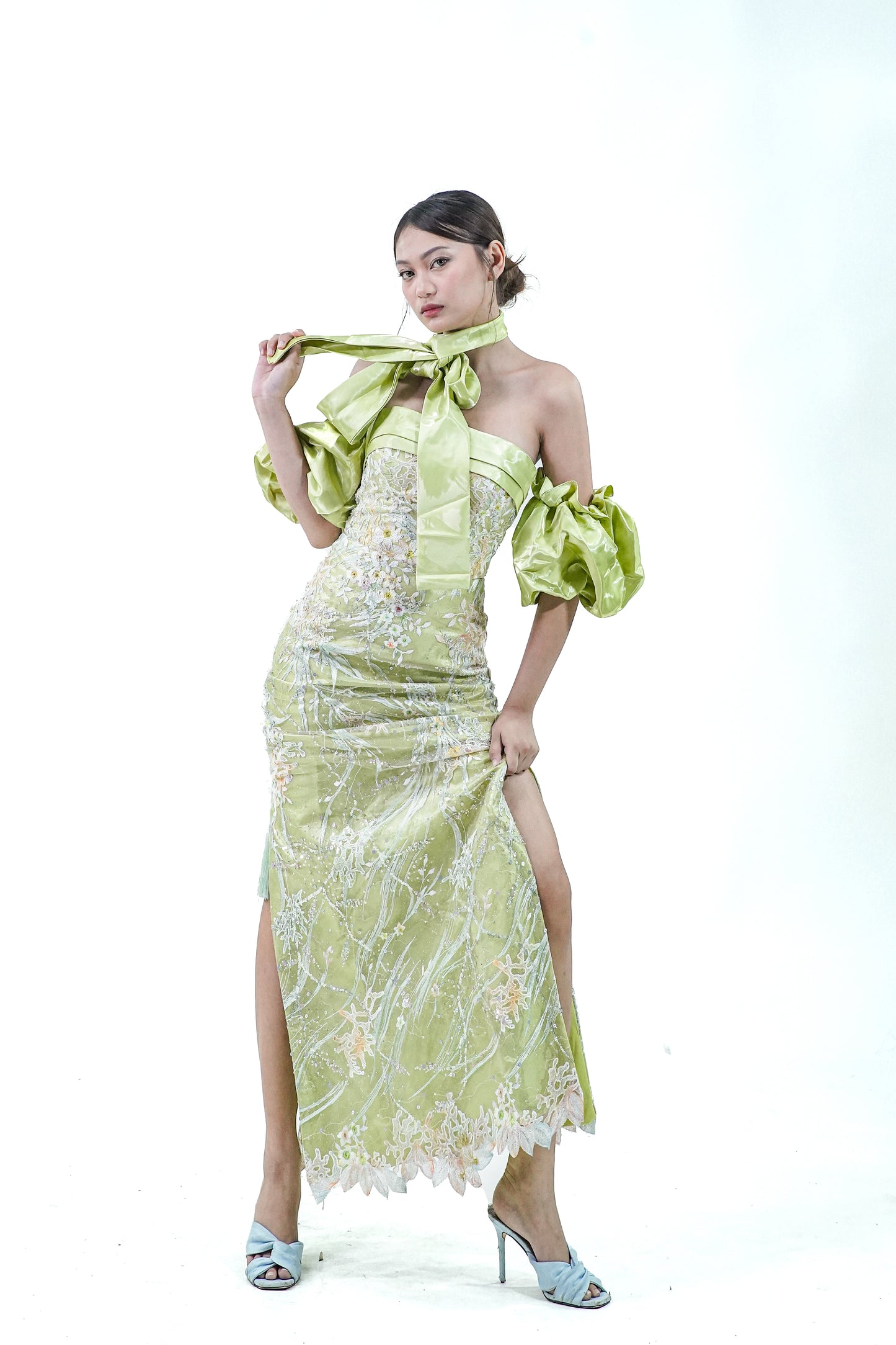 Printed Green Puffed Sleeve Green Evening Gown - Noelle West Bridals