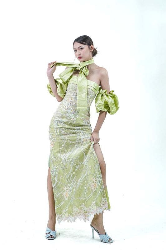 Printed Green Puffed Sleeve Green Evening Gown - Noelle West Bridals