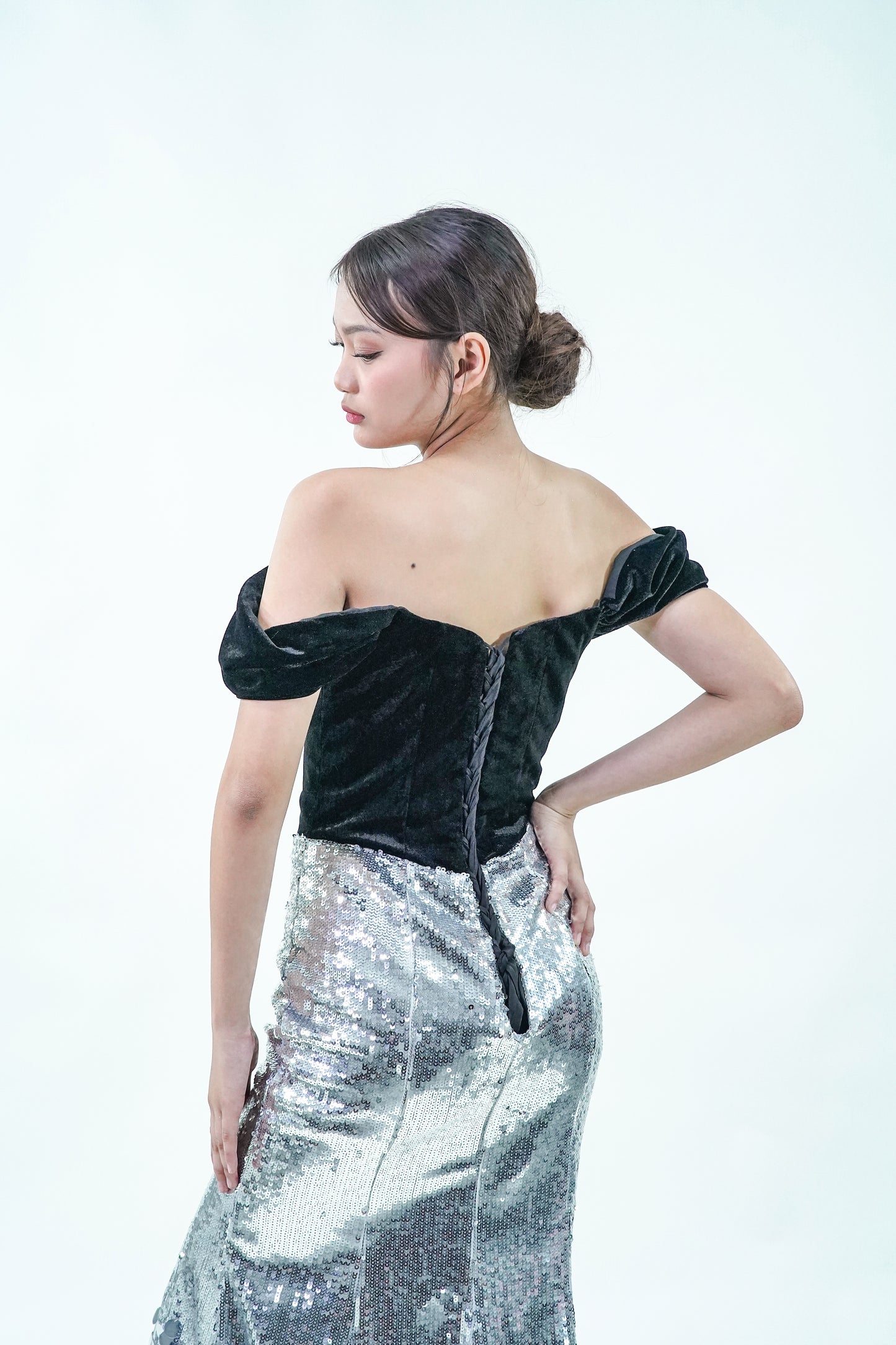 Off-Shoulder Black Velvet Silver Evening Gown - Noelle West Bridals