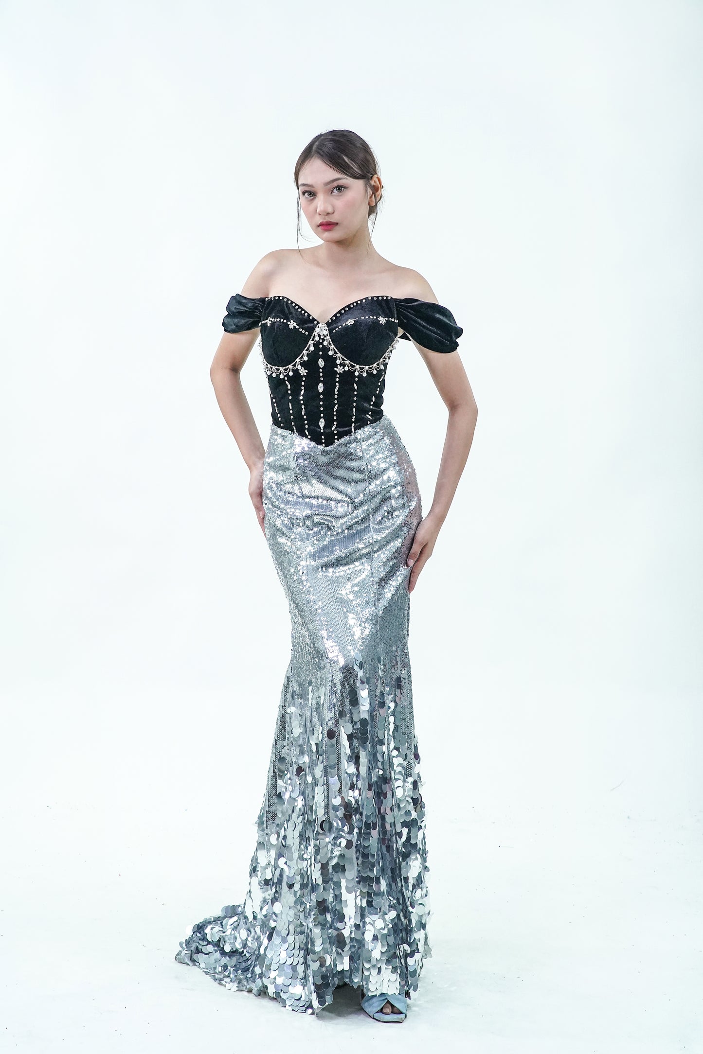 Off-Shoulder Black Velvet Silver Evening Gown - Noelle West Bridals