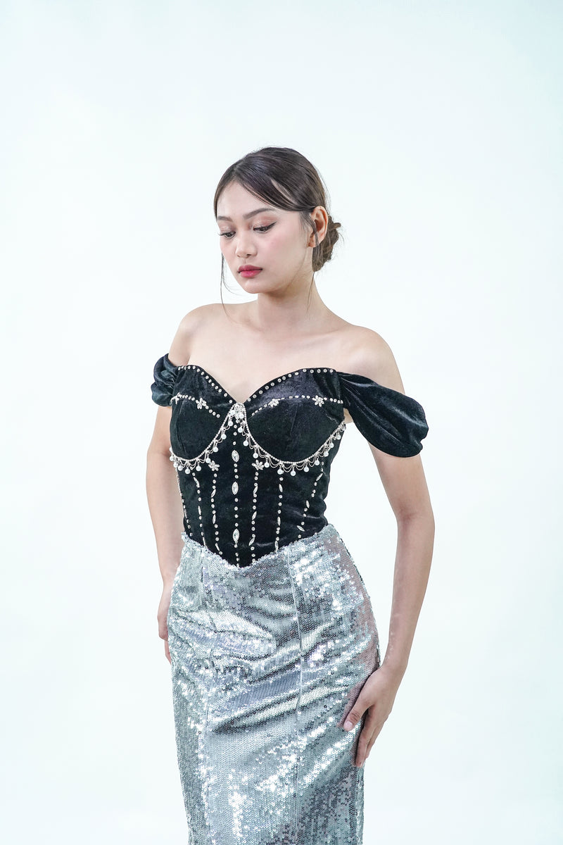 Off-Shoulder Black Velvet Silver Evening Gown - Noelle West Bridals