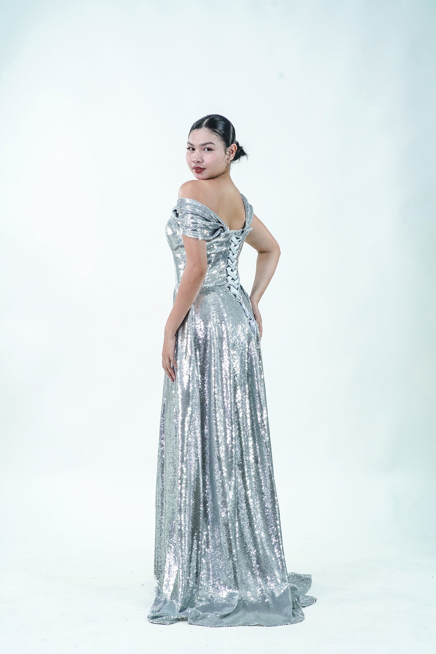 Off-Shoulder Metallic Silver Evening Gown - Noelle West Bridals