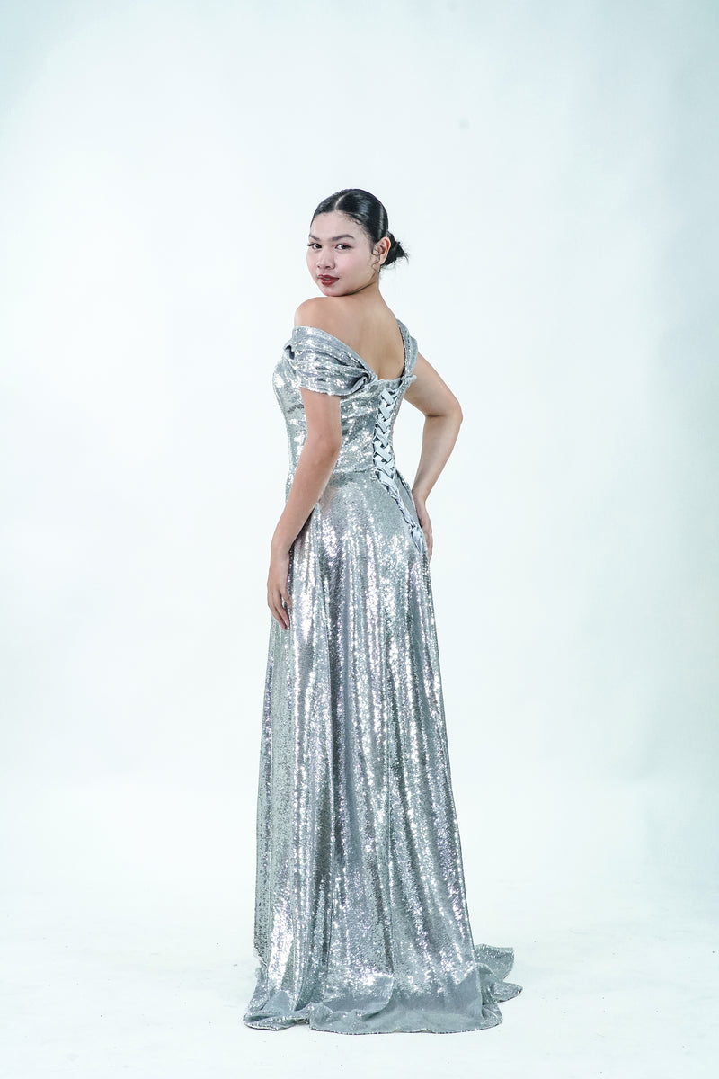 Off-Shoulder Metallic Silver Evening Gown - Noelle West Bridals