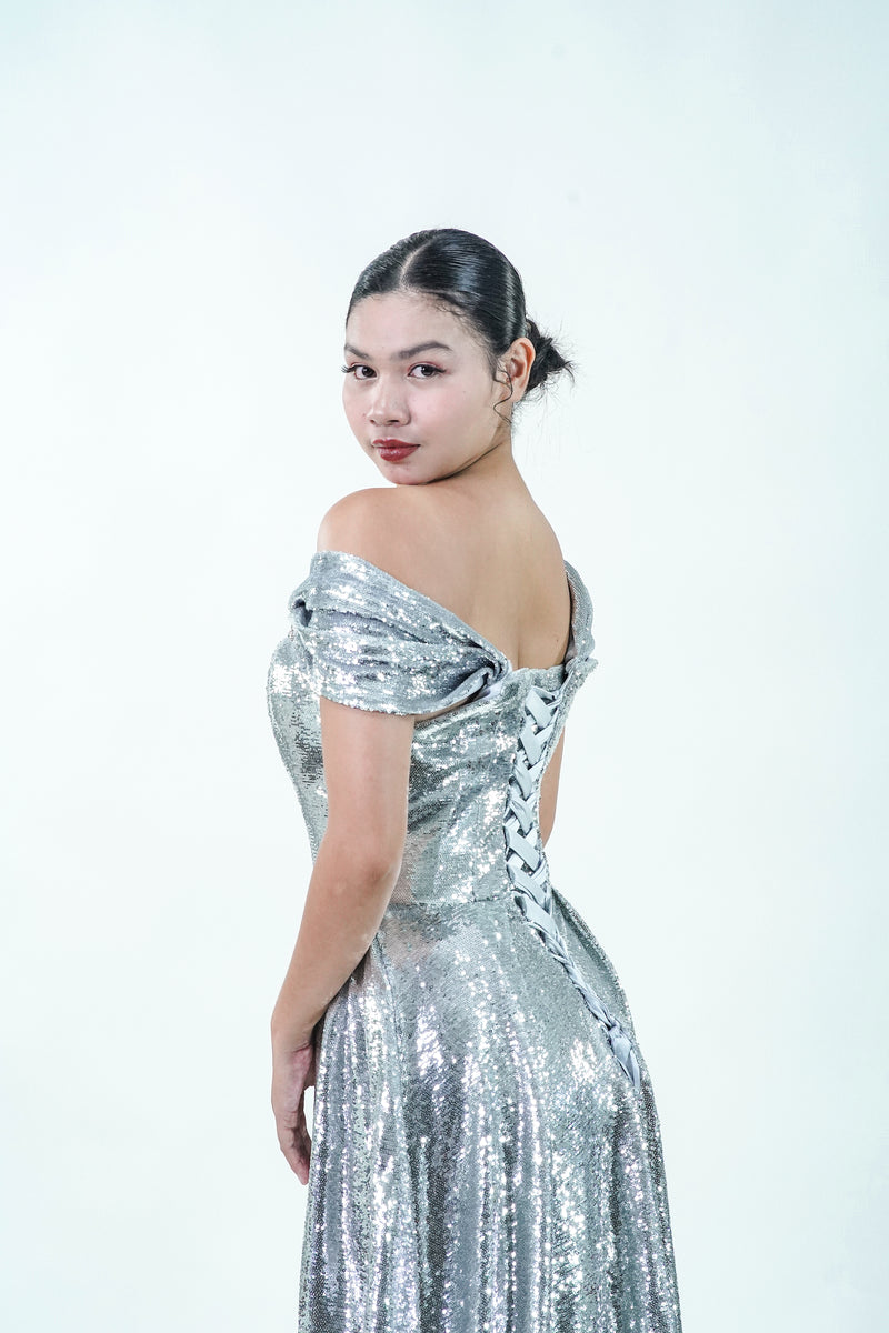 Off-Shoulder Metallic Silver Evening Gown - Noelle West Bridals