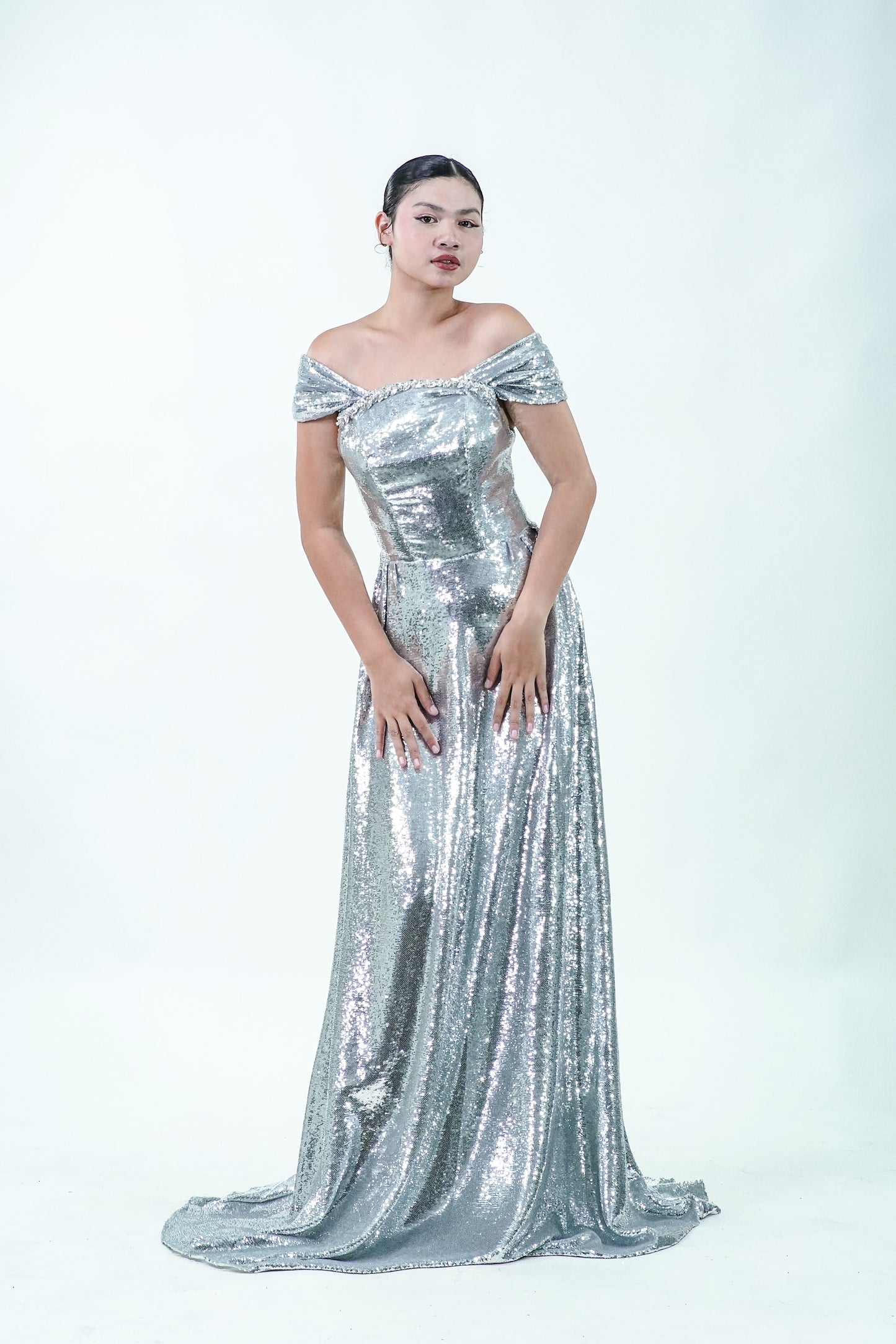 Off-Shoulder Metallic Silver Evening Gown - Noelle West Bridals