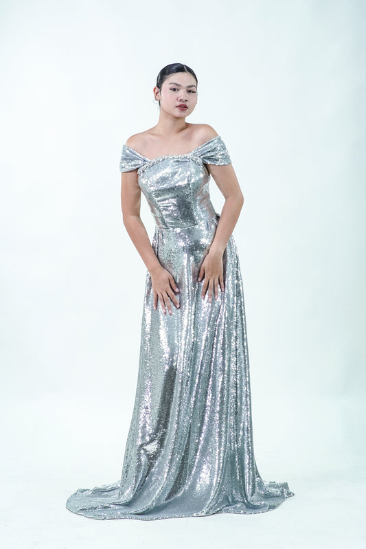 Off-Shoulder Metallic Silver Evening Gown - Noelle West Bridals