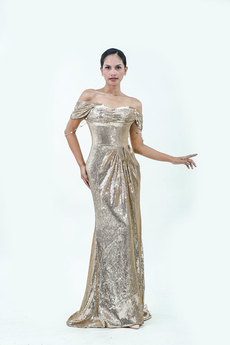 Off-Shoulder Gold Metallic Evening Gown - Noelle West Bridals