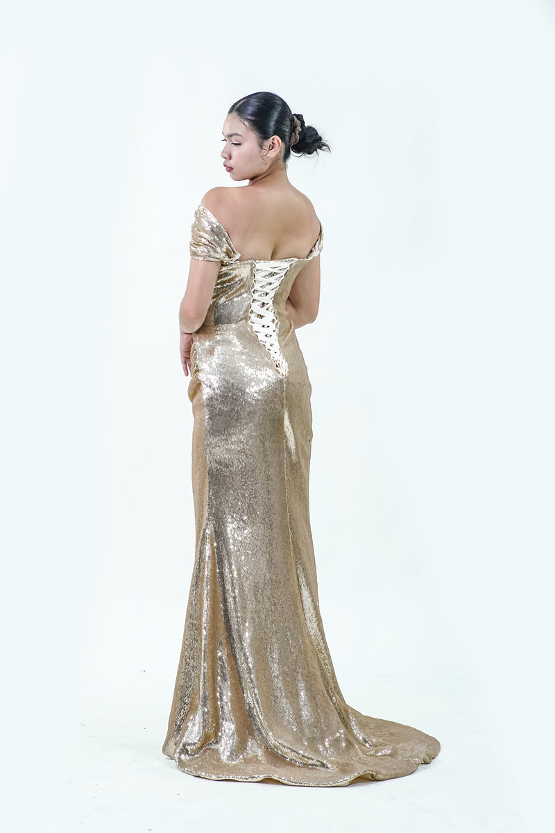 Off-Shoulder Metallic Gold Evening Gown - Noelle West Bridals