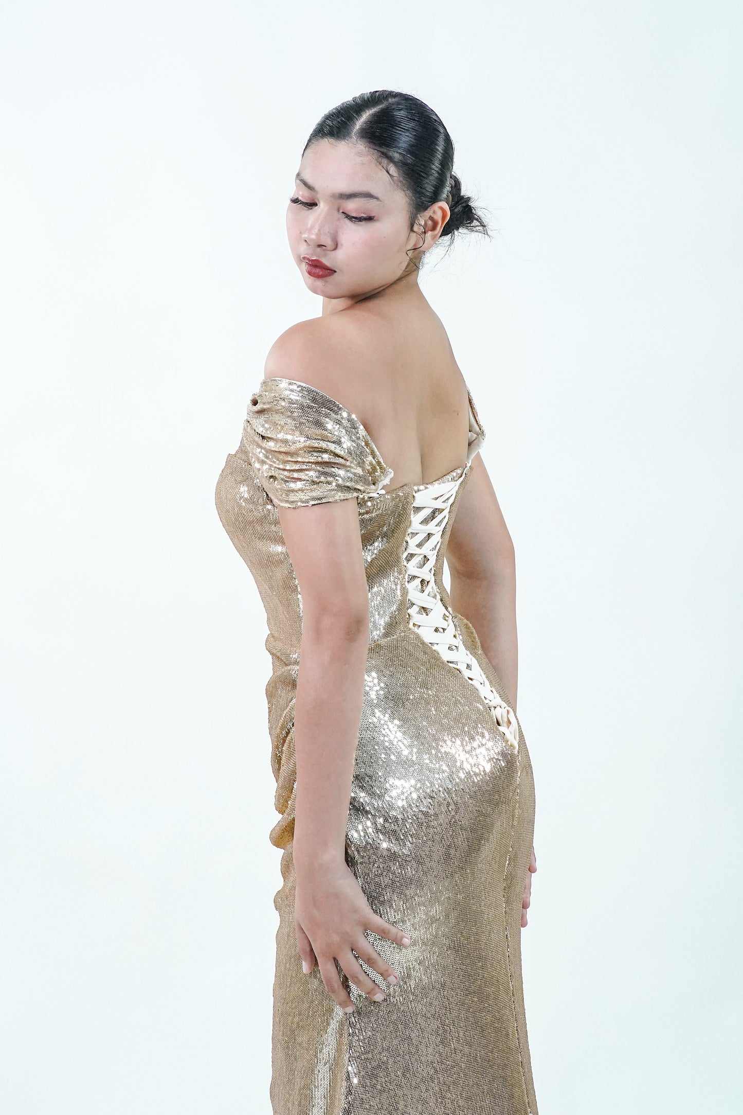 Off-Shoulder Metallic Gold Evening Gown - Noelle West Bridals