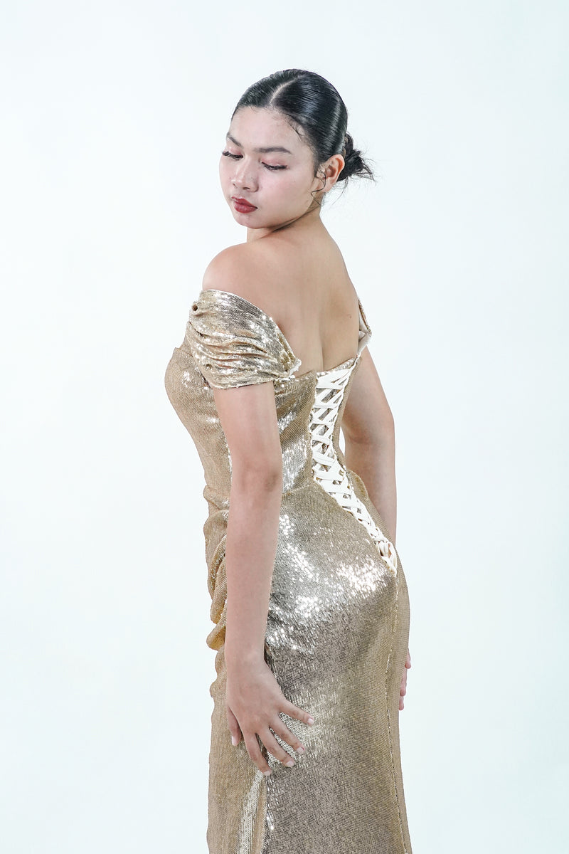 Off-Shoulder Metallic Gold Evening Gown - Noelle West Bridals