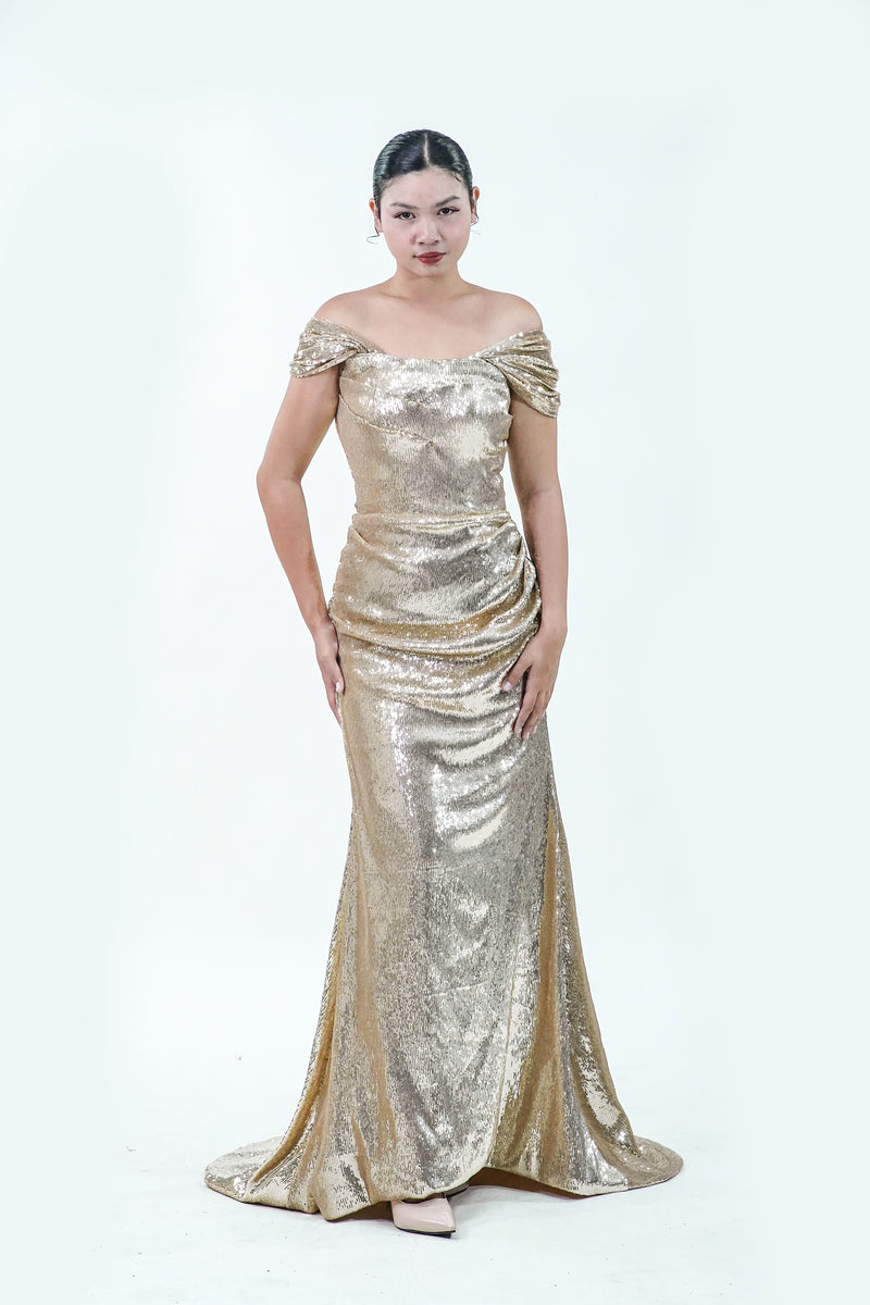 Off-Shoulder Metallic Gold Evening Gown - Noelle West Bridals