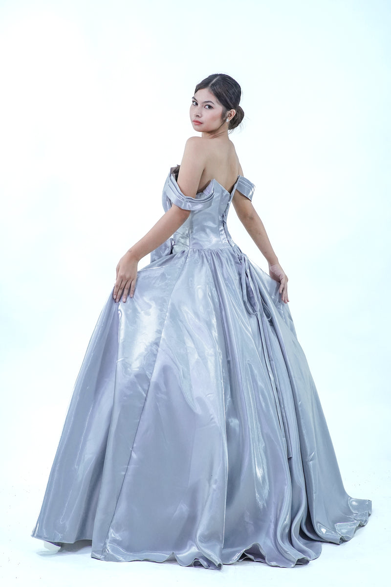 Silver Satin Elegant Bow Simple Ball Gown - Noelle West Bridals