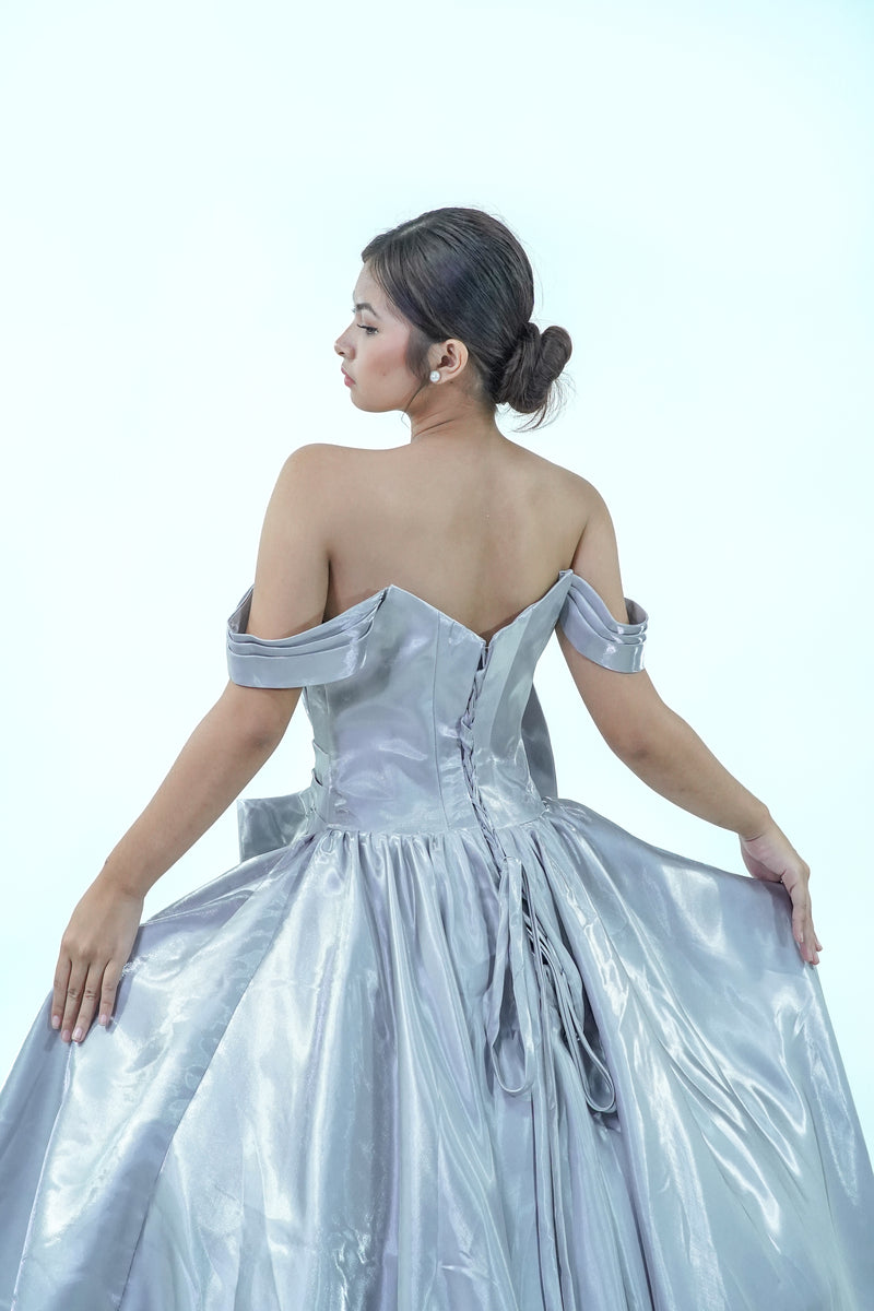 Silver Satin Elegant Bow Simple Ball Gown - Noelle West Bridals