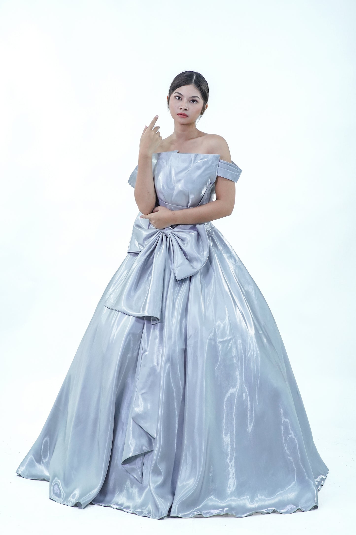 Silver Satin Elegant Bow Simple Ball Gown - Noelle West Bridals