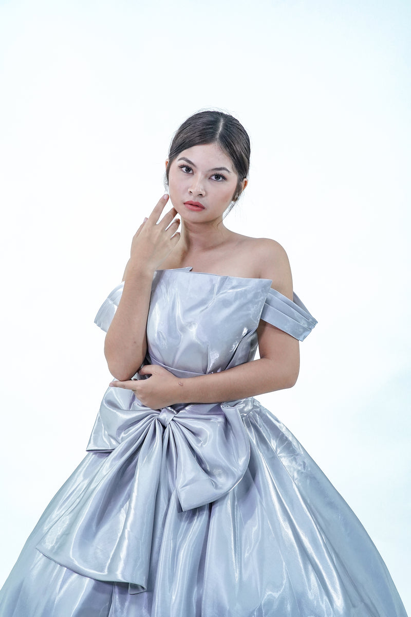 Silver Satin Elegant Bow Simple Ball Gown - Noelle West Bridals