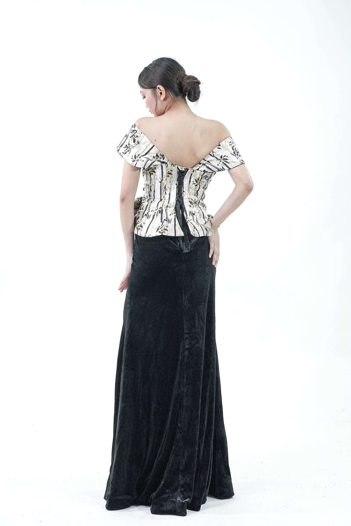 Velvet Gold Print Off-Shoulder Evening Gown - Noelle West Bridals