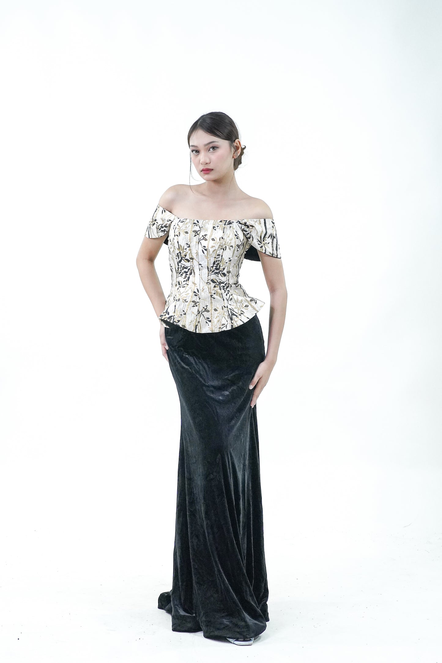 Velvet Gold Print Off-Shoulder Evening Gown - Noelle West Bridals