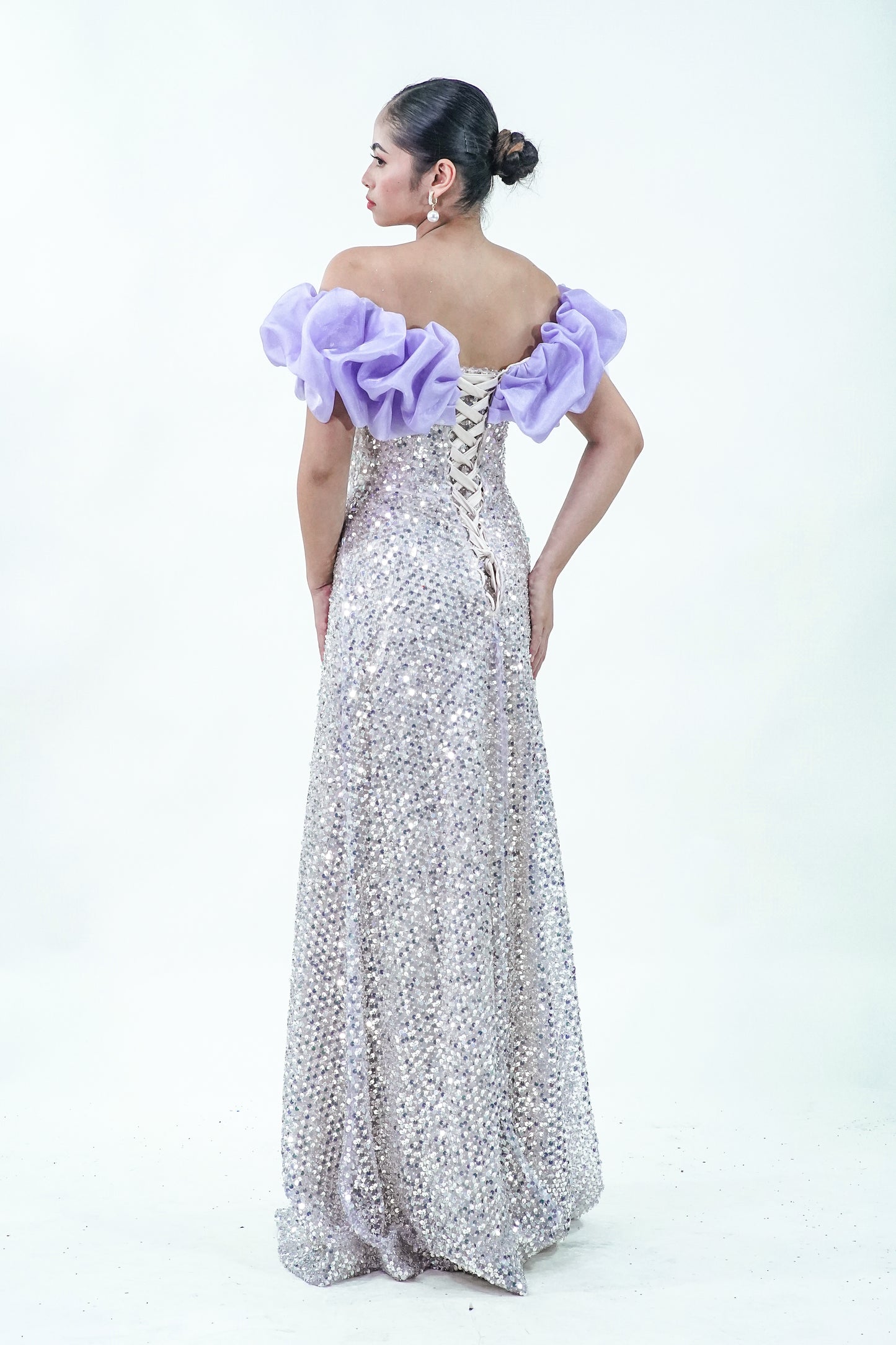 Off-Shoulder Floral Purple Sparkly Evening Gown - Noelle West Bridals