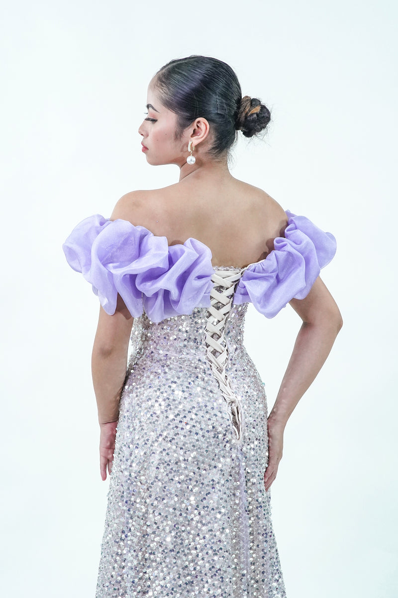 Off-Shoulder Floral Purple Sparkly Evening Gown - Noelle West Bridals