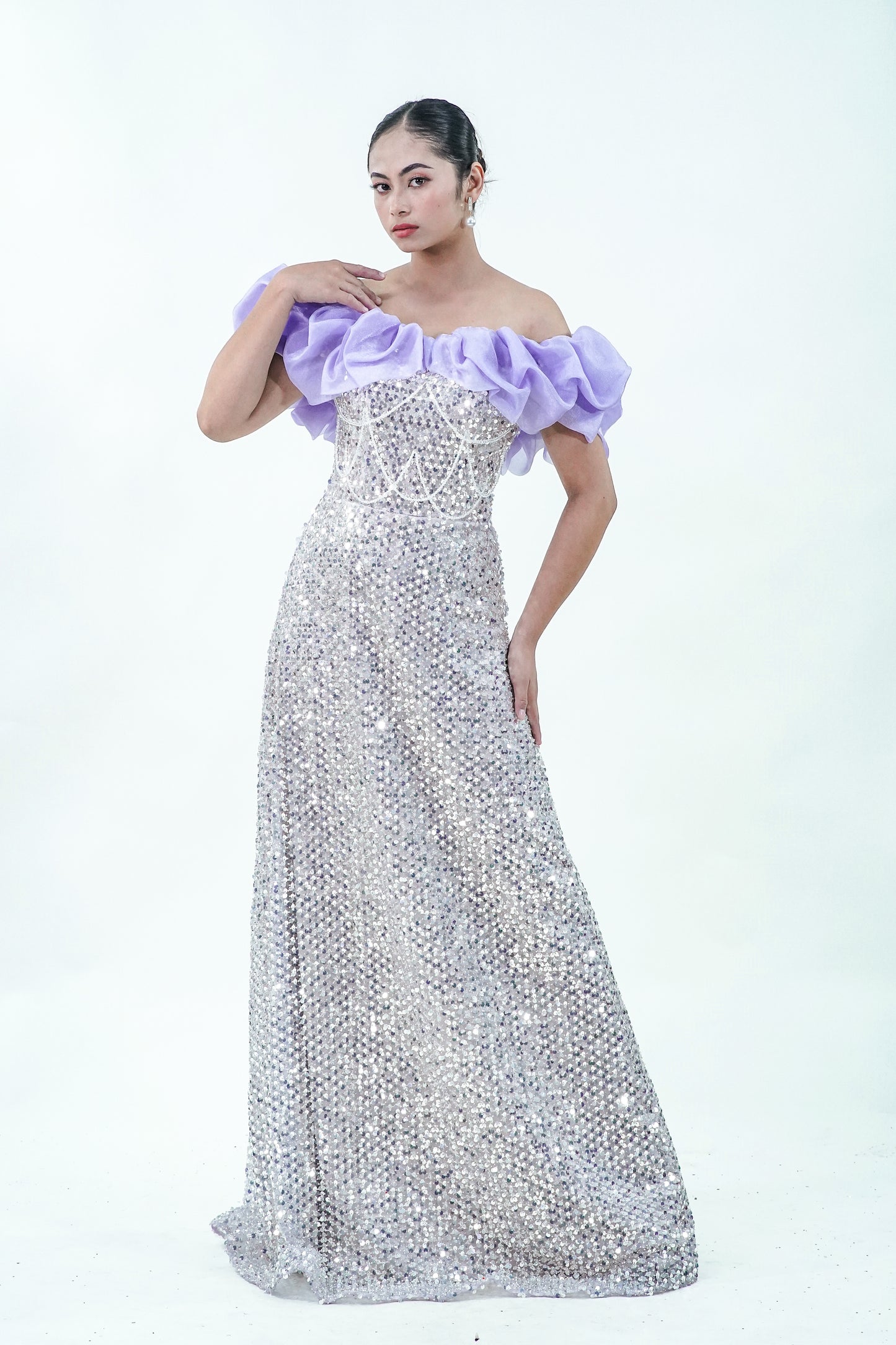 Off-Shoulder Floral Purple Sparkly Evening Gown - Noelle West Bridals