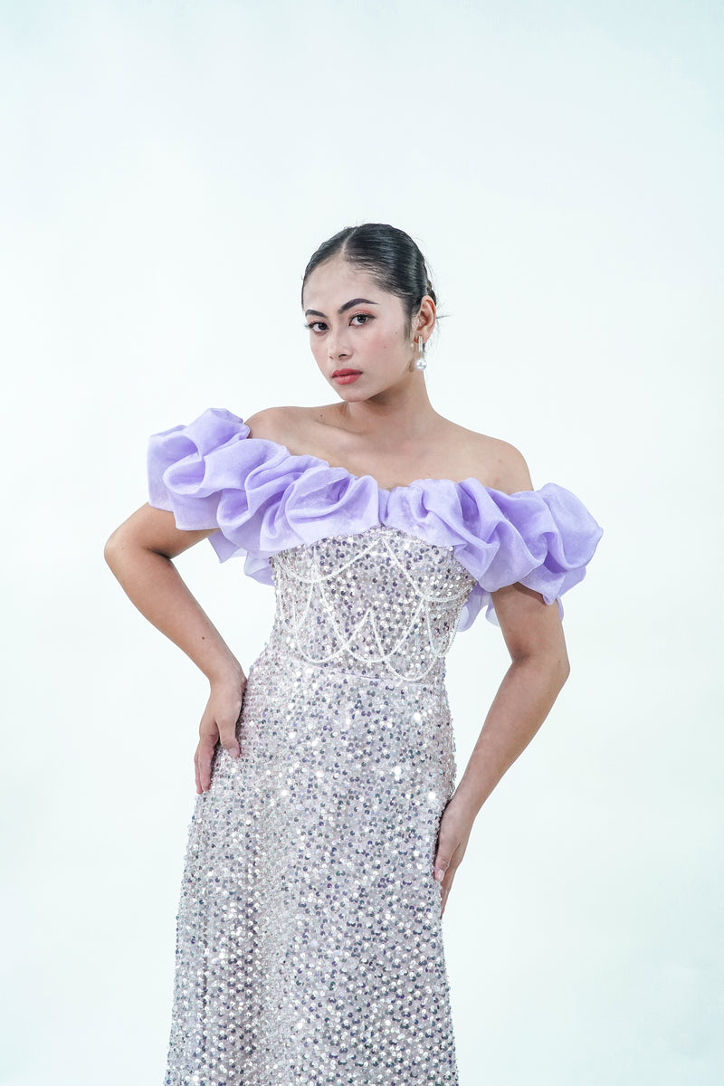 Off-Shoulder Floral Purple Sparkly Evening Gown - Noelle West Bridals