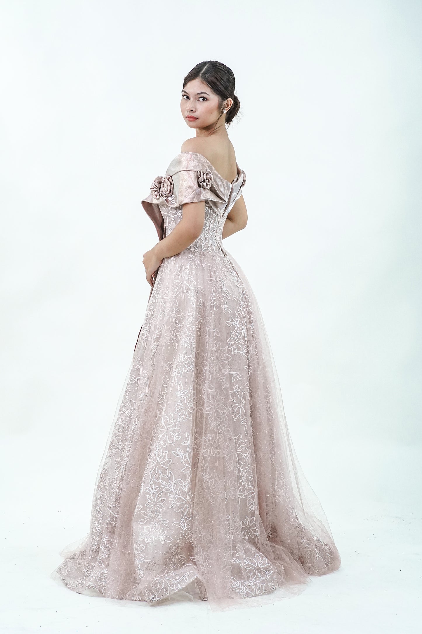 Off-Shoulder Pink Filipiniana Inspired Evening Gown - Noelle West Bridals