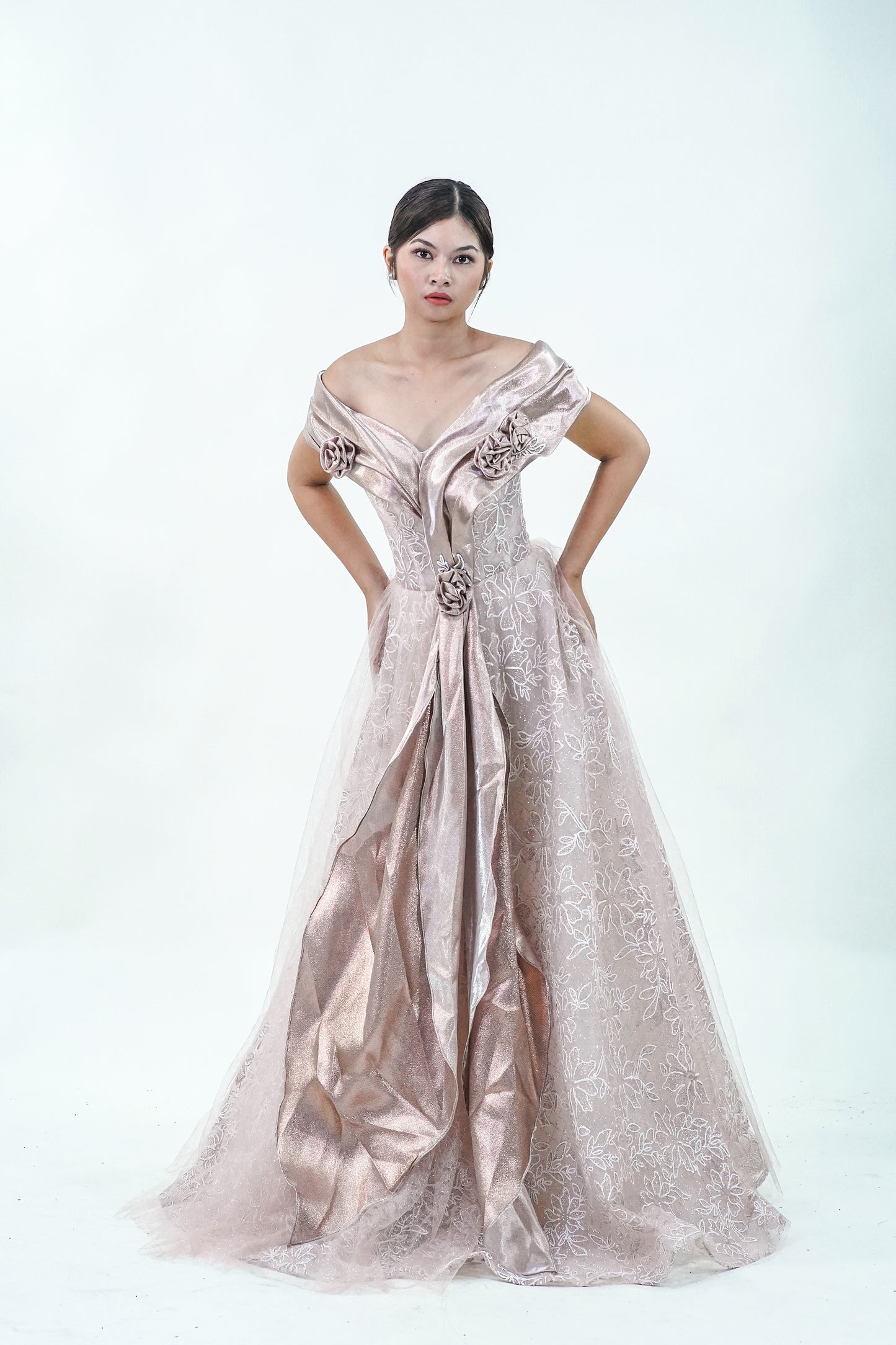 Off-Shoulder Pink Filipiniana Inspired Evening Gown - Noelle West Bridals