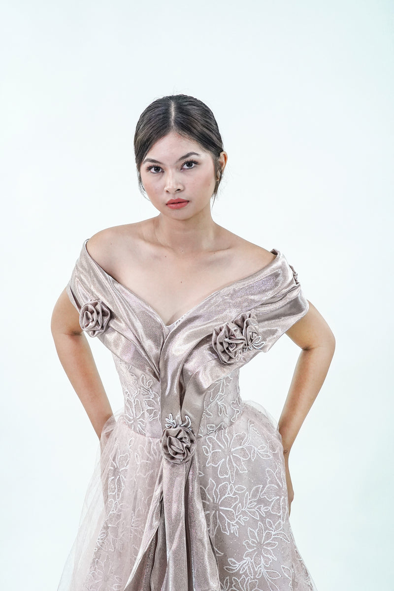 Off-Shoulder Pink Filipiniana Inspired Evening Gown - Noelle West Bridals