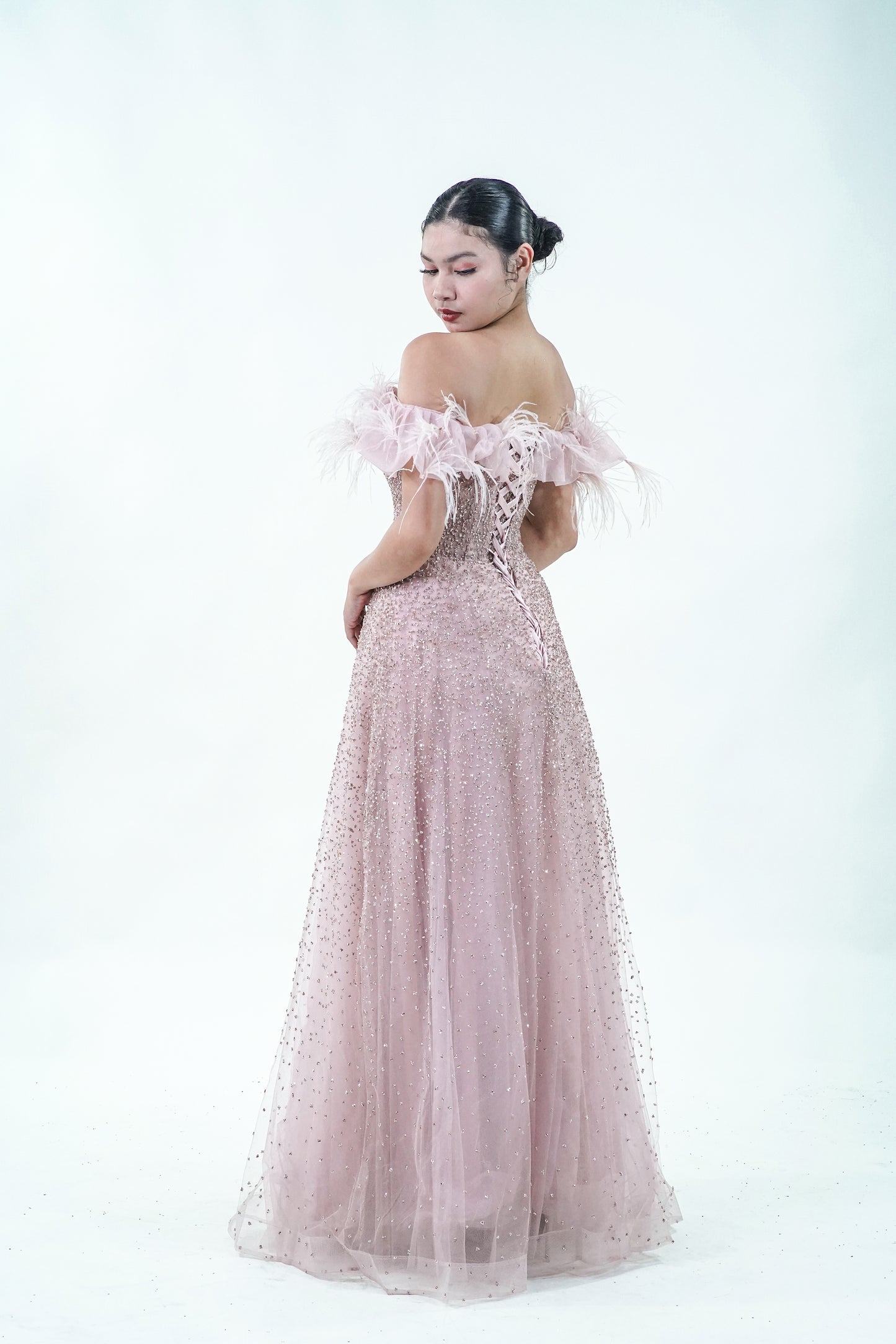 Off-Shoulder Pink Feathery Evening Gown - Noelle West Bridals