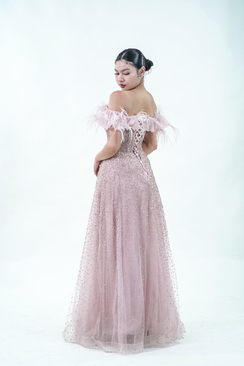 Off-Shoulder Pink Feathery Evening Gown - Noelle West Bridals