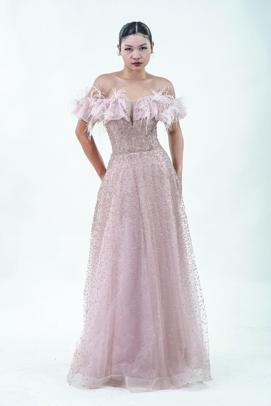 Off-Shoulder Pink Feathery Evening Gown - Noelle West Bridals