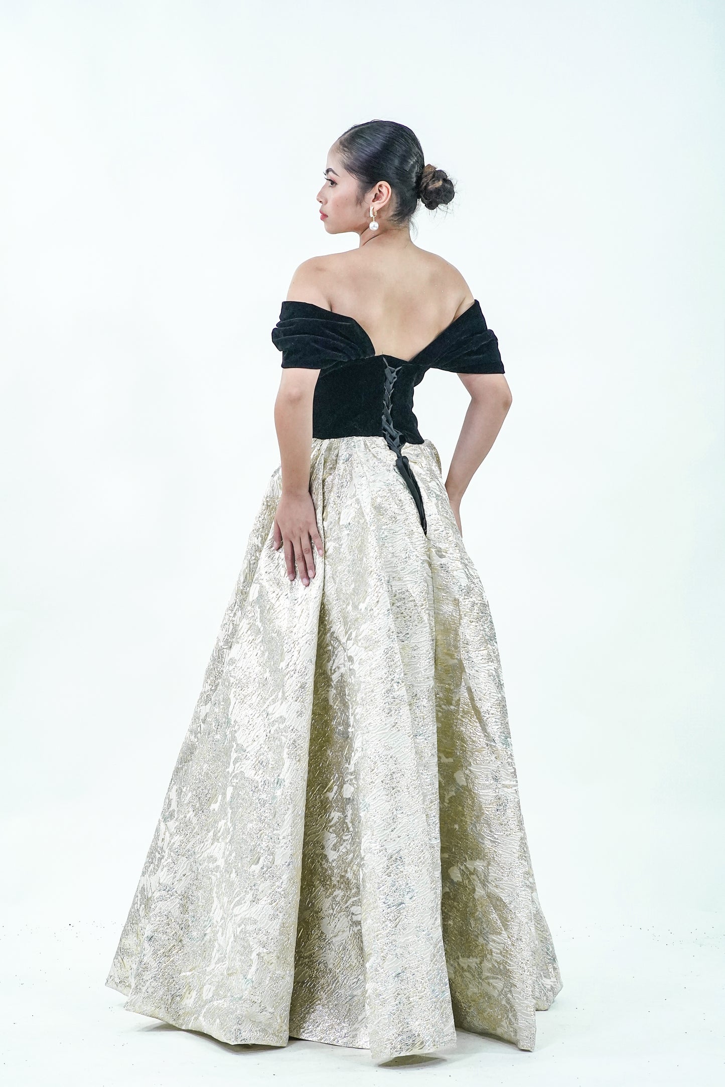 Off-Shoulder Black Gold Velvet Evening Gown - Noelle West Bridals