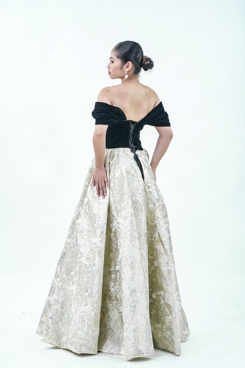 Off-Shoulder Black Gold Velvet Evening Gown - Noelle West Bridals
