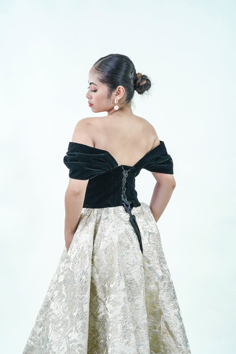 Off-Shoulder Black Gold Velvet Evening Gown - Noelle West Bridals