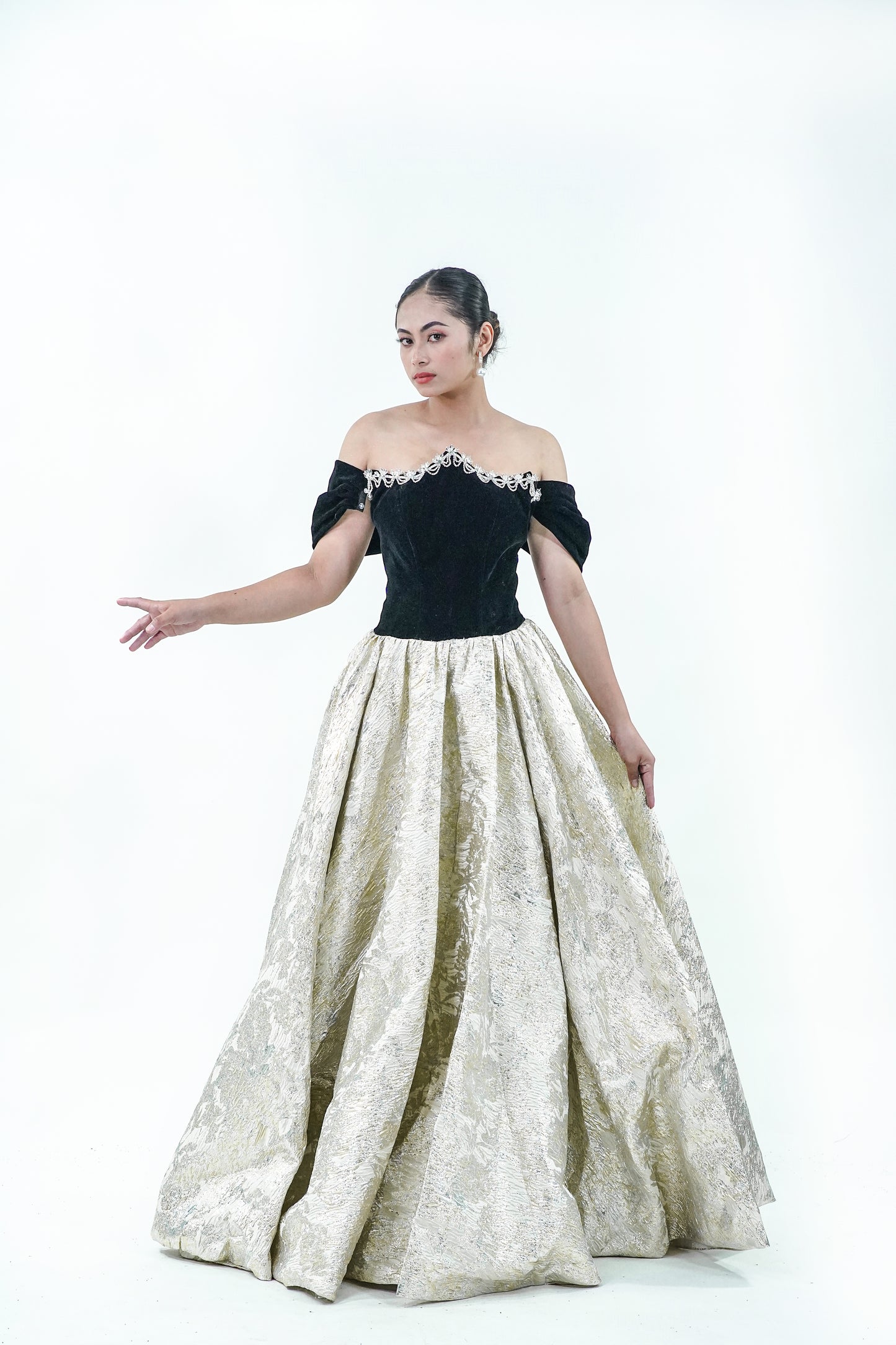 Off-Shoulder Black Gold Velvet Evening Gown - Noelle West Bridals