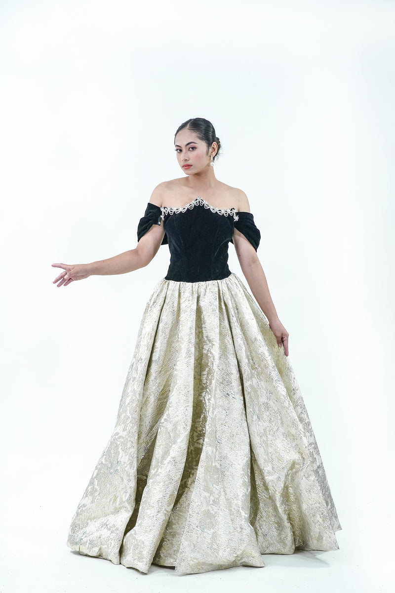 Off-Shoulder Black Gold Velvet Evening Gown - Noelle West Bridals