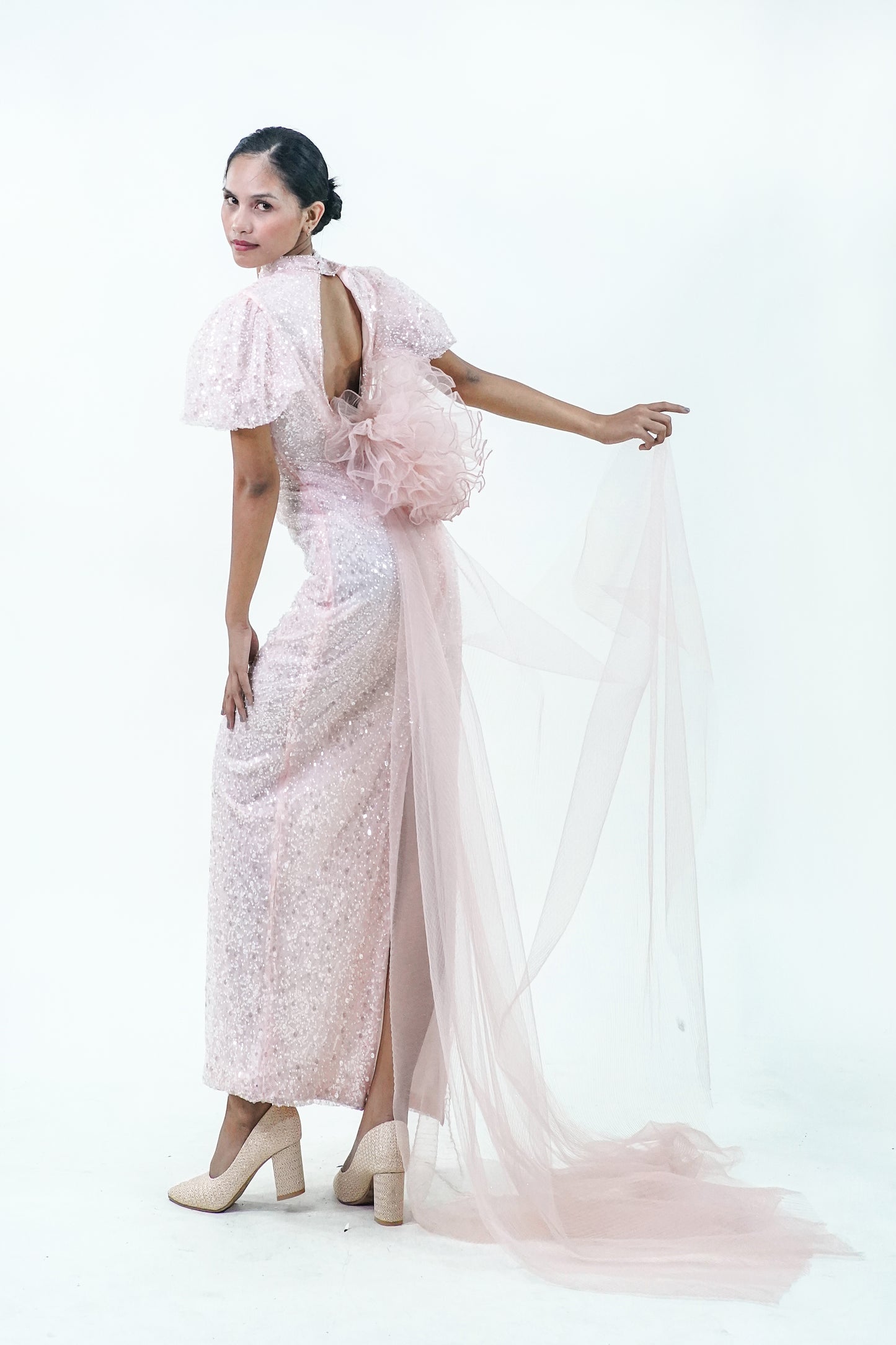 Short Sleeve Sequined Pink Evening Gown - Noelle West Bridals