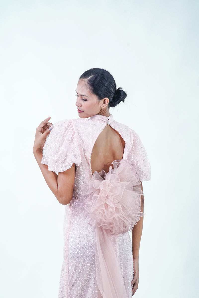 Short Sleeve Sequined Pink Evening Gown - Noelle West Bridals